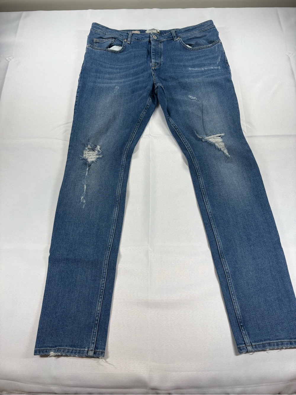 Topman Stretch Skinny Distressed Jeans Blue Ripped Denim
